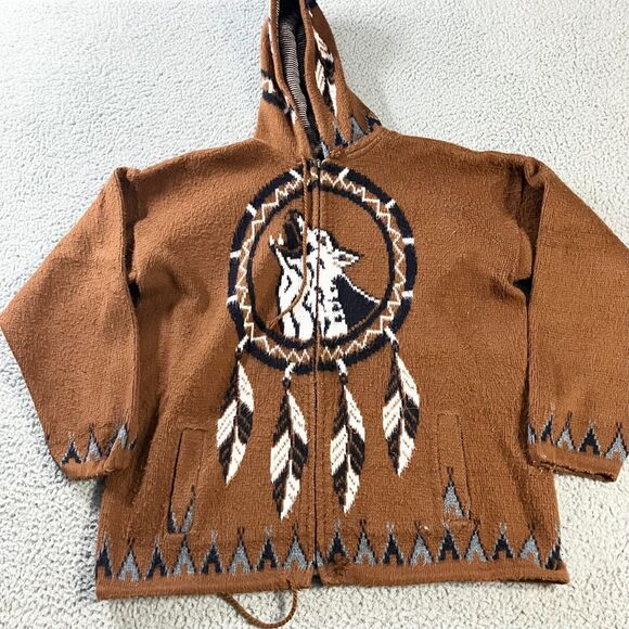 Tejidos Ruminahui Jacket Mens‎ Large Brown Sweater Wool Wolf Dreamcatcher Hooded - Picture 1 of 9